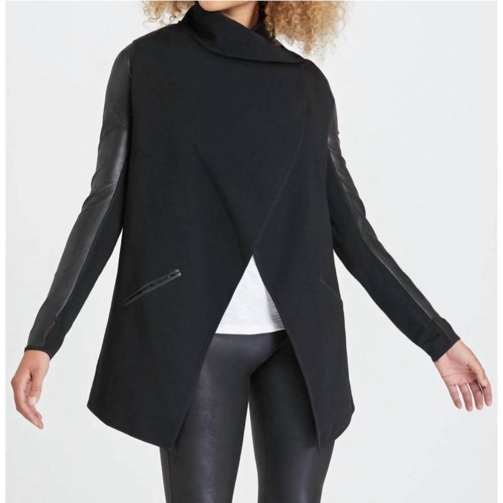 Spanx Drape Front Jacket Womens Small Black New Faux Leather Sleeve 50176R